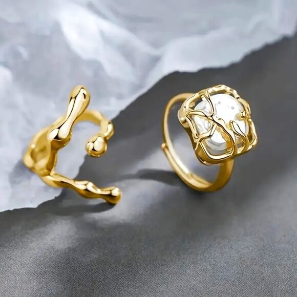 Ring Pearl 2pc Gold Adjustable Modern Iridescent Stylish Holloywood Glam Stylish - Picture 2 of 3